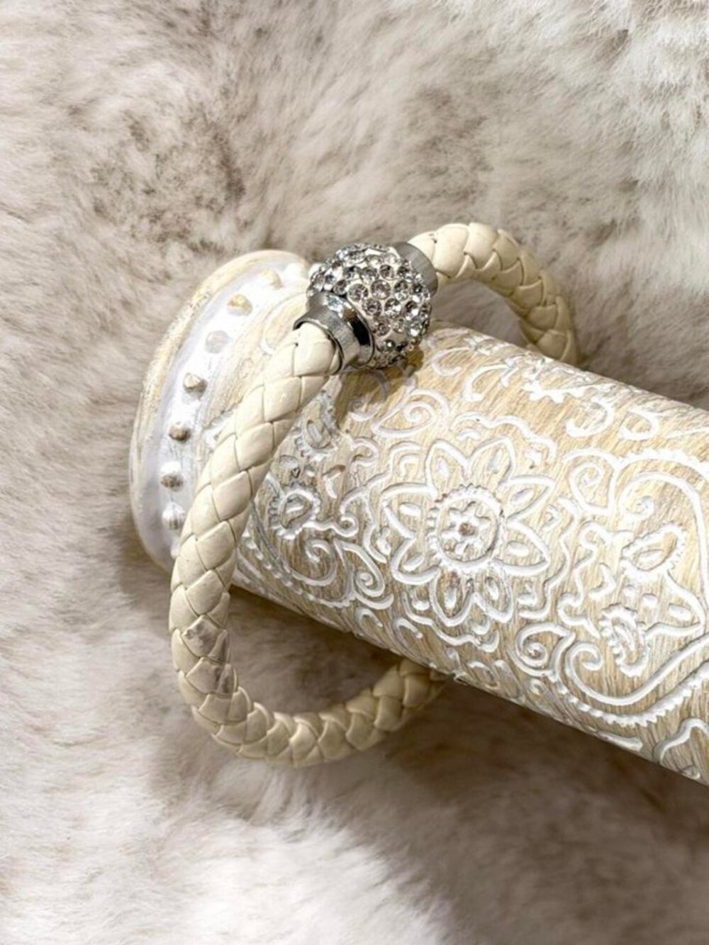 Cream & Silver Crystal Studded Bracelet Braided Leather Band